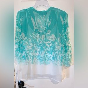 Jennifer Lopez Long-Sleeve Blouse Aqua and White Print